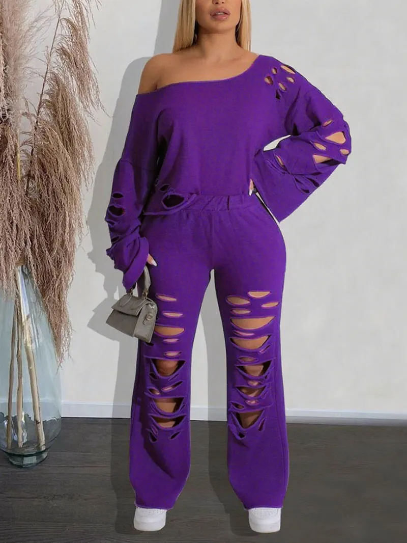 Women's Ripped Asymmetrical Neck Pullover & Wide Leg Pants Set