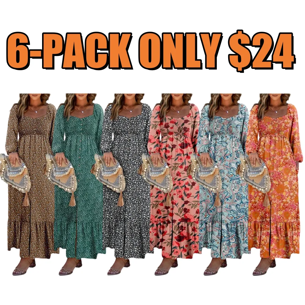 Boho Floral Smocked Square Neck Long Sleeve Maxi Dress