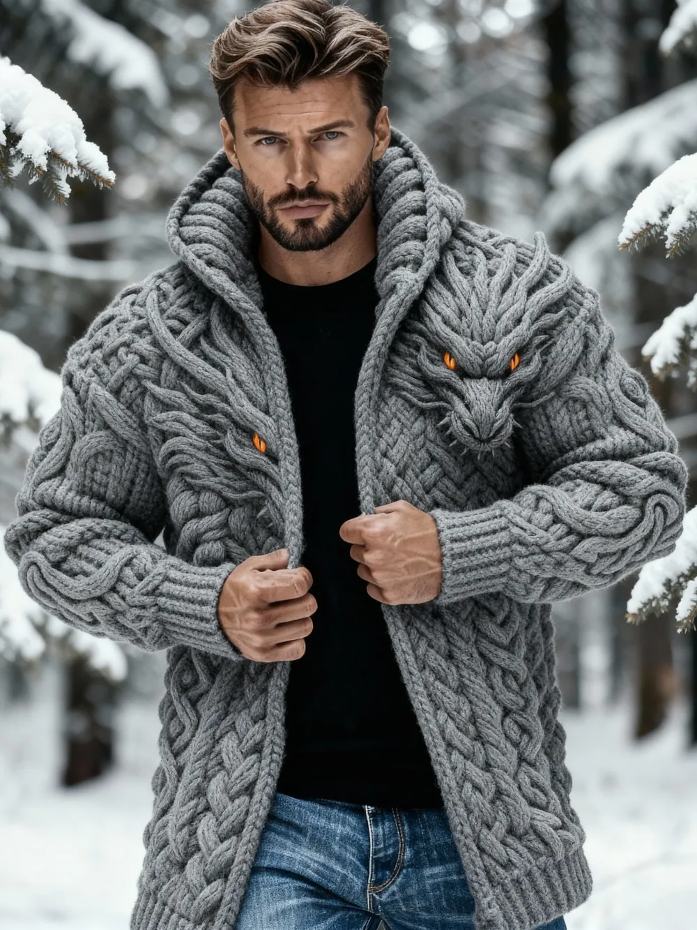 Men's Retro Wolf Head Celtic Knot Jacquard Chunky Knit Mid-Length Cardigan Sweater