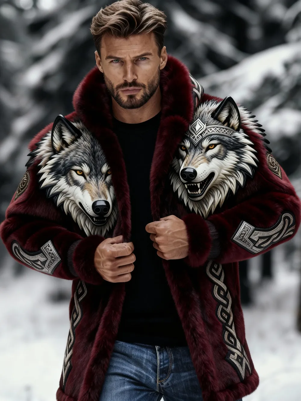 Men's Vintage Viking Wolf Warm Fur Coat