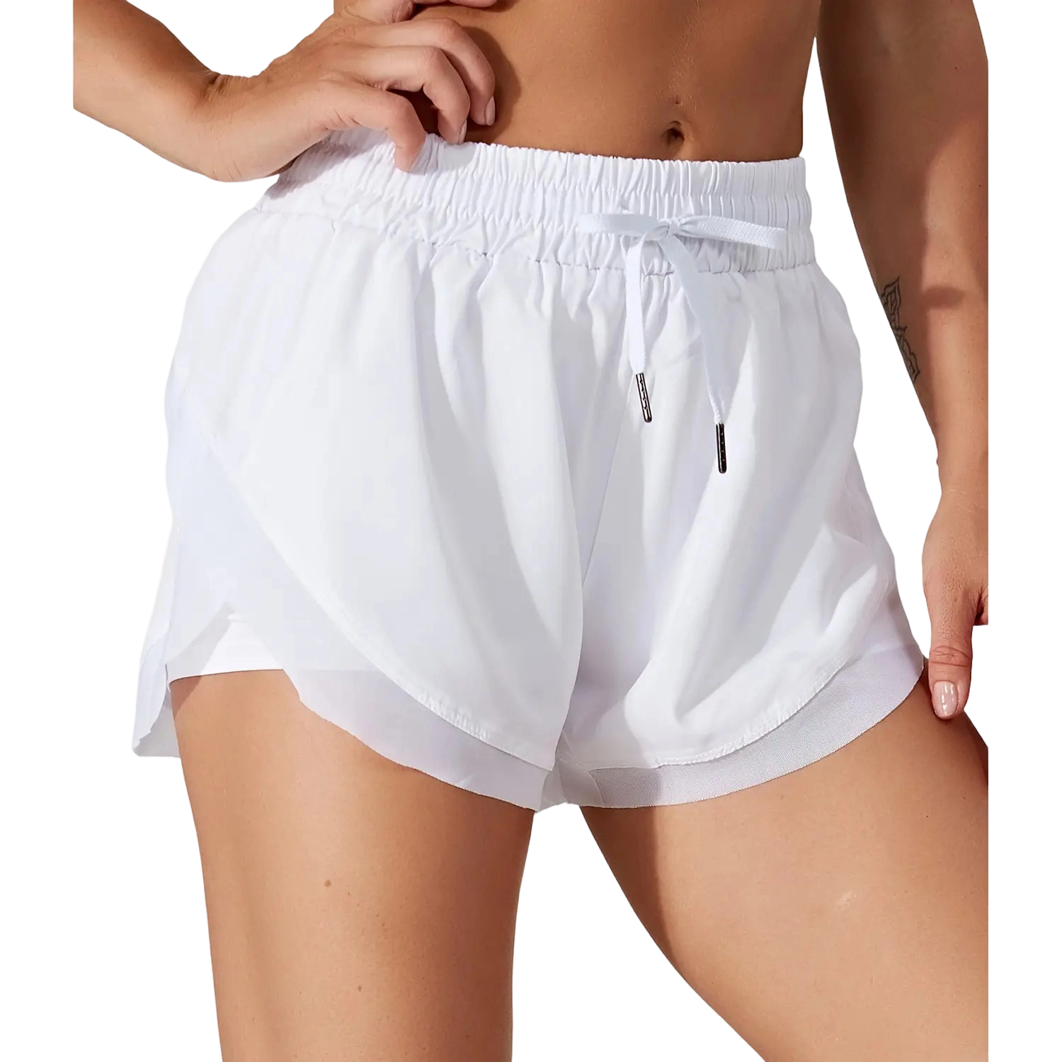 Women’s 2-in-1 Mesh Active Shorts – Flowy Overlay & Adjustable Drawstring