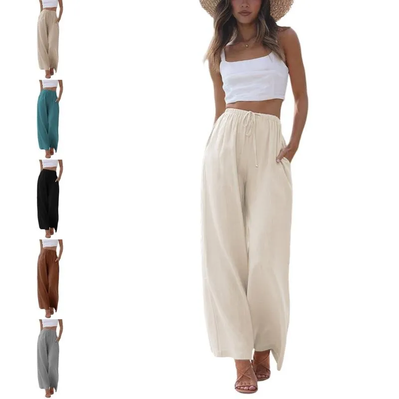 Women's Cotton Linen Summer Palazzo Pants Flowy Wide Leg Beach Trousers with Pockets Casual Womenswear
