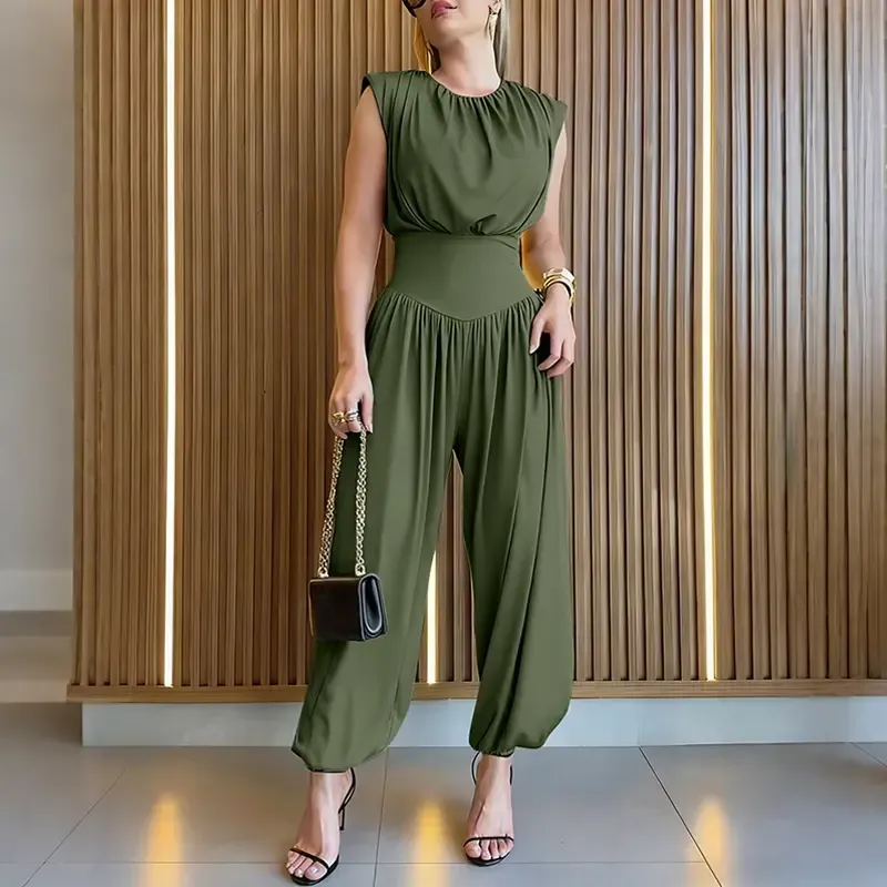 Women's Padded Shoulders Sleeveless Cinched Basque Waist Side High Slit Overalls Casual