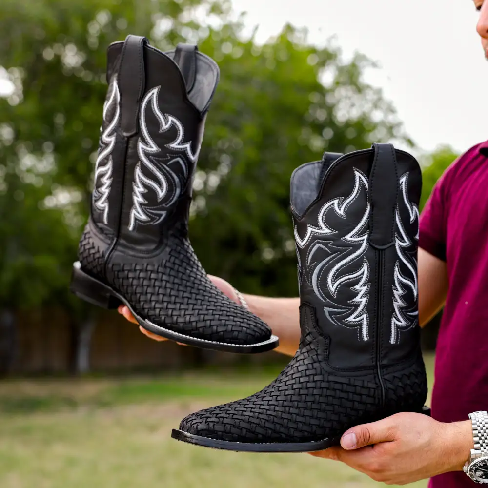 Black Basketweave Leather Boots - Square Toe