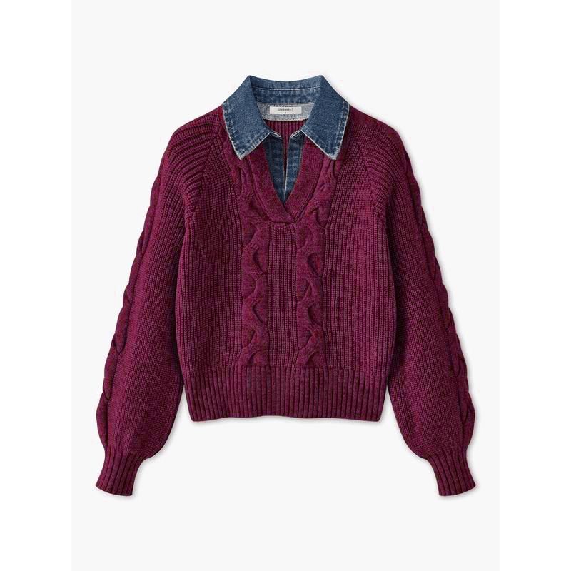 ❤️Valentine’s Day Special❤️Cable Knit Sweater with Denim Collar Detail (Relaxed Fit)