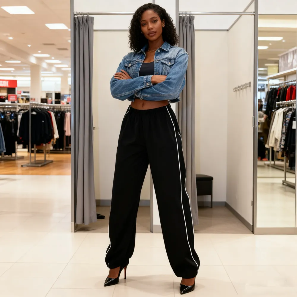 Women's Parachute Wideleg Baggy Pants Elastic Waist Casual Track Trousers