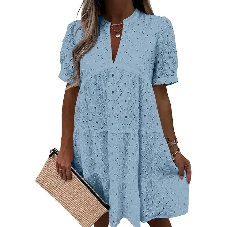 Women’s Eyelet Lace Summer Tunic Dress – Flowy V-Neck Babydoll Style