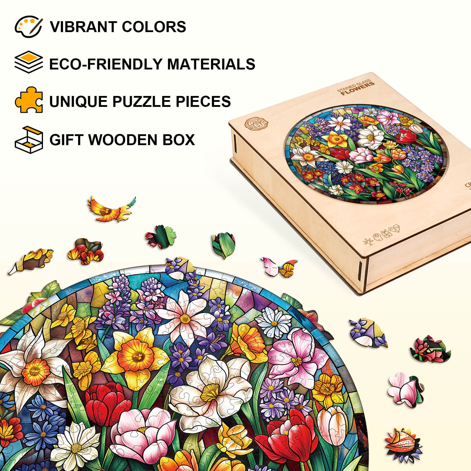 Stained Glass Flowers Wooden Jigsaw Puzzle