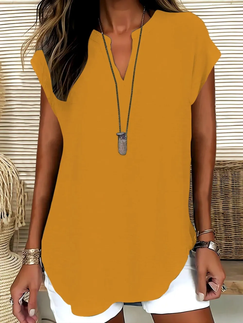 Women's Plain Notched Neck Blouse, Casual Elegant Basic Top for Summer