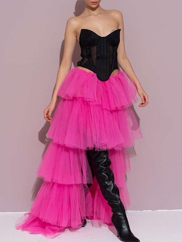 Solid Color Ruffled Pleated A-Line Asymmetric Skirt Bottoms