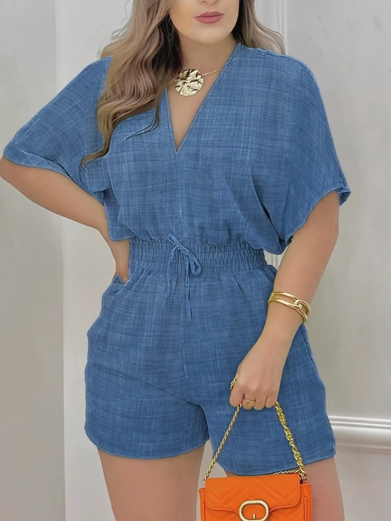 Women's Plain Drawstring Shirred Waist V Neck Romper