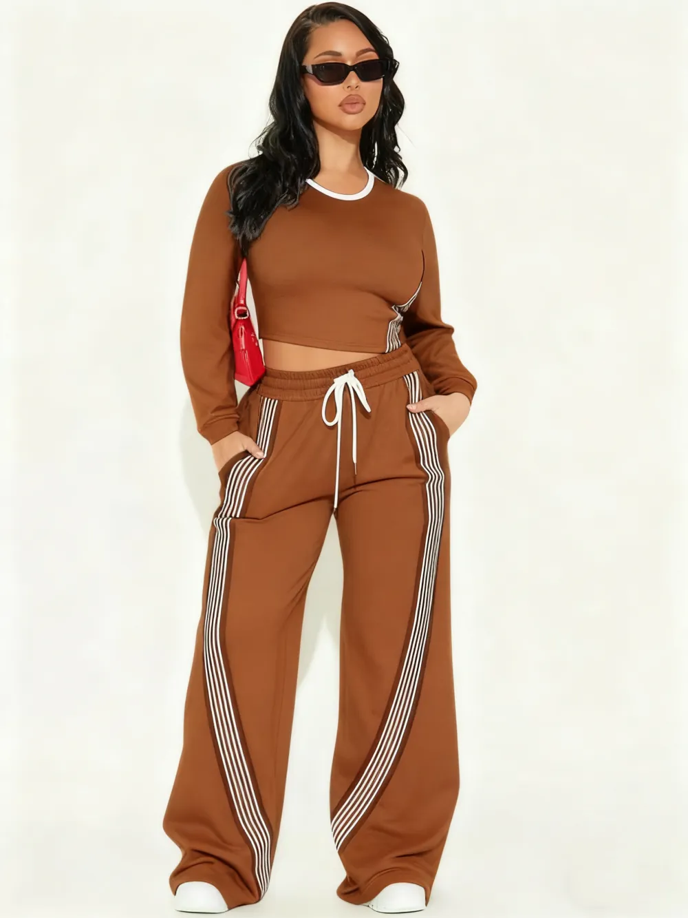 Women Casual Long Sleeve Top and Side Stripe Sports Pants Set