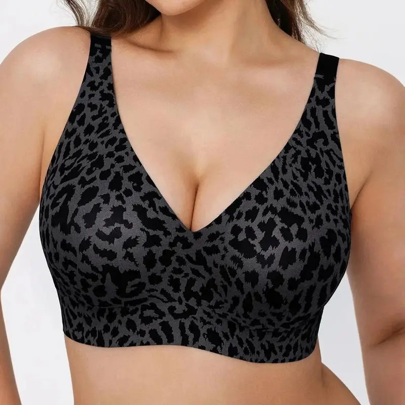 Wireless No Underwire Leopard Print Jelly Bra Everyday Comfort Push Up Seamless T-Shirt Bra