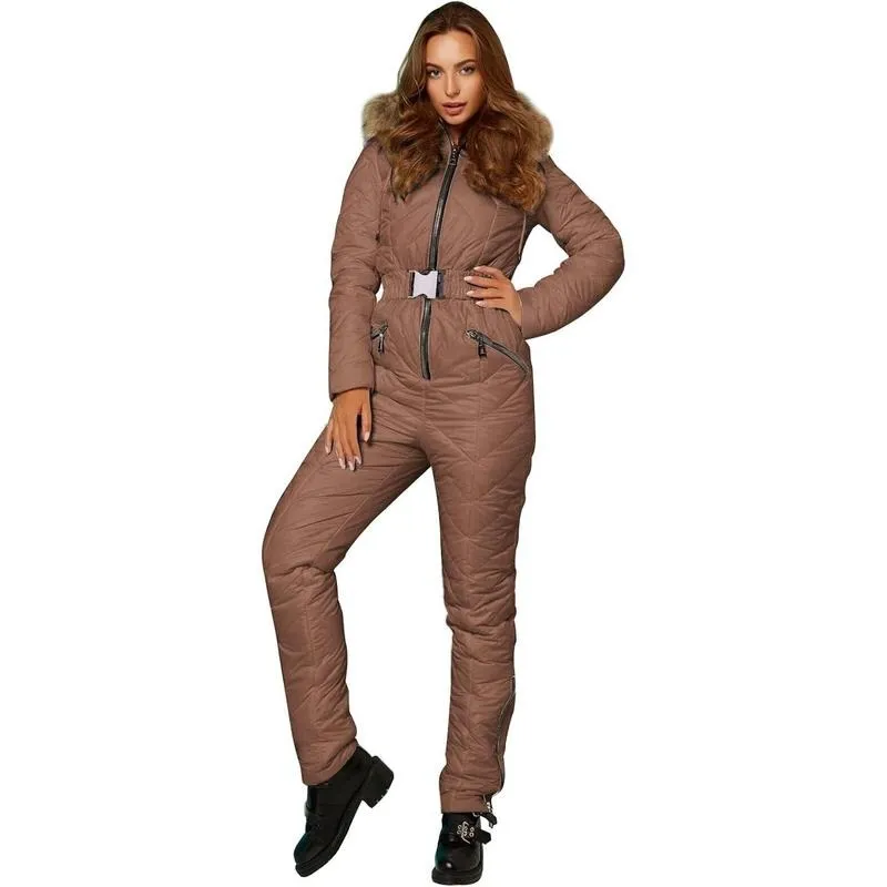 Women's Winter Ski Suit One-Piece Hooded Fur Collar Jumpsuit