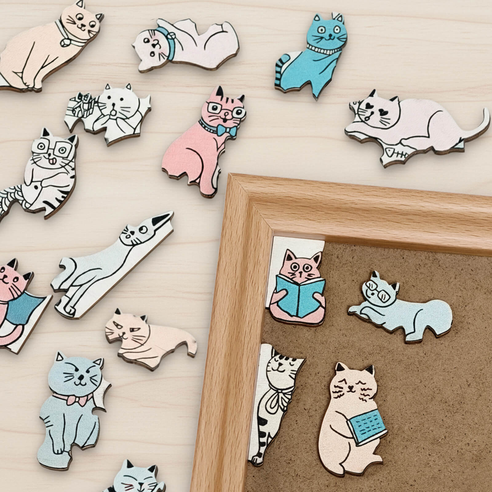 175 Pcs Morandi-Colored Cute Cat Shaped Square Wooden Jigsaw Puzzle