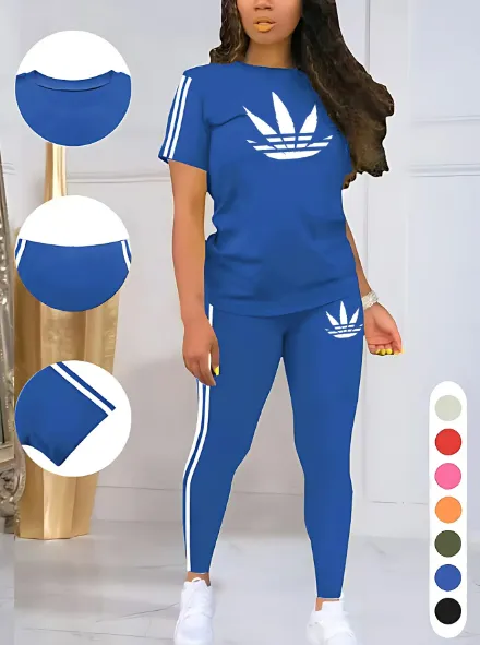 Women's Printed Casual Sporty Round Neck Drawstring Short Sleeve and Long Pants Two-Piece Set