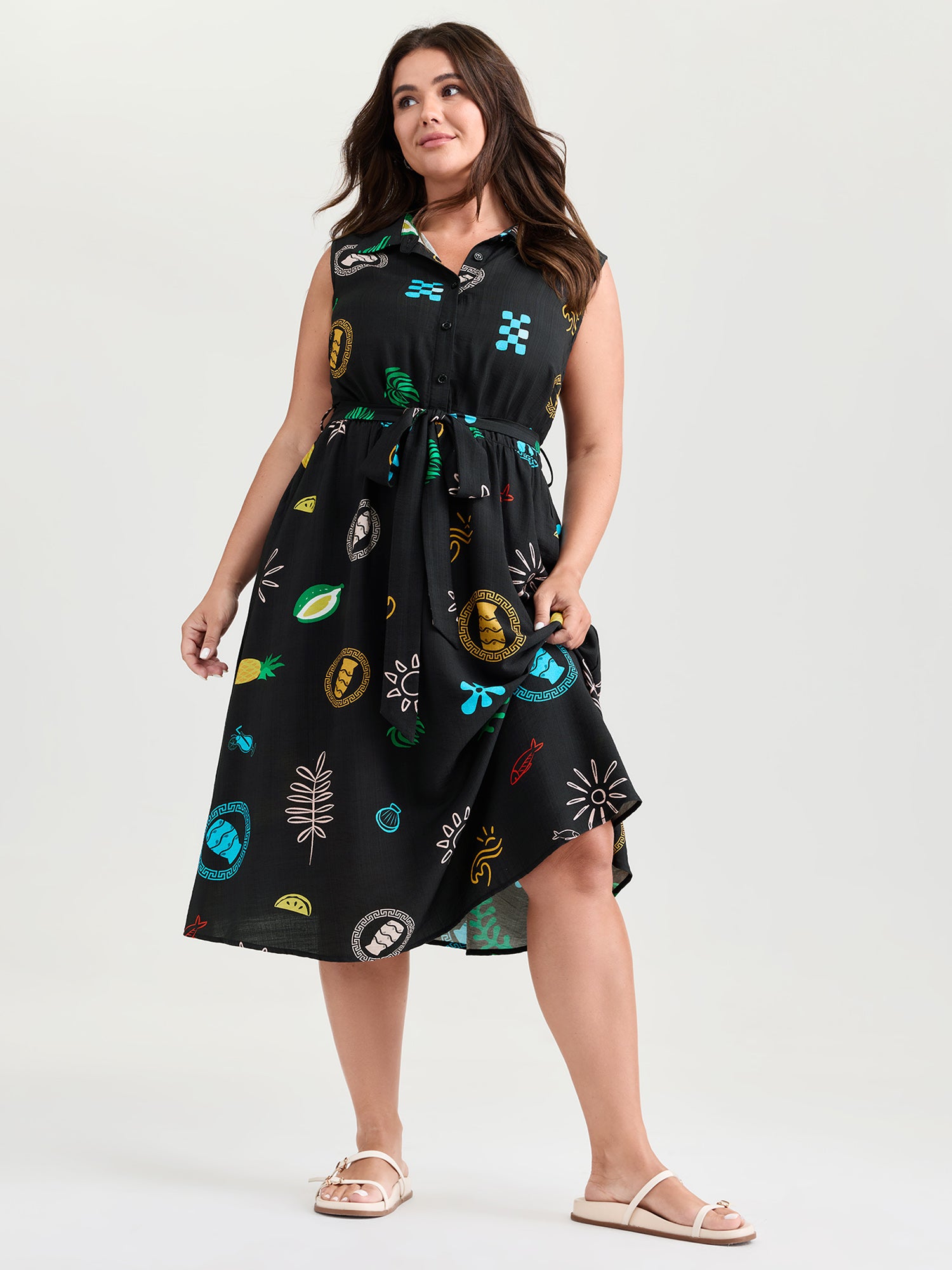 Sunshine Pineapples Collar Sleeveless Midi Dress
