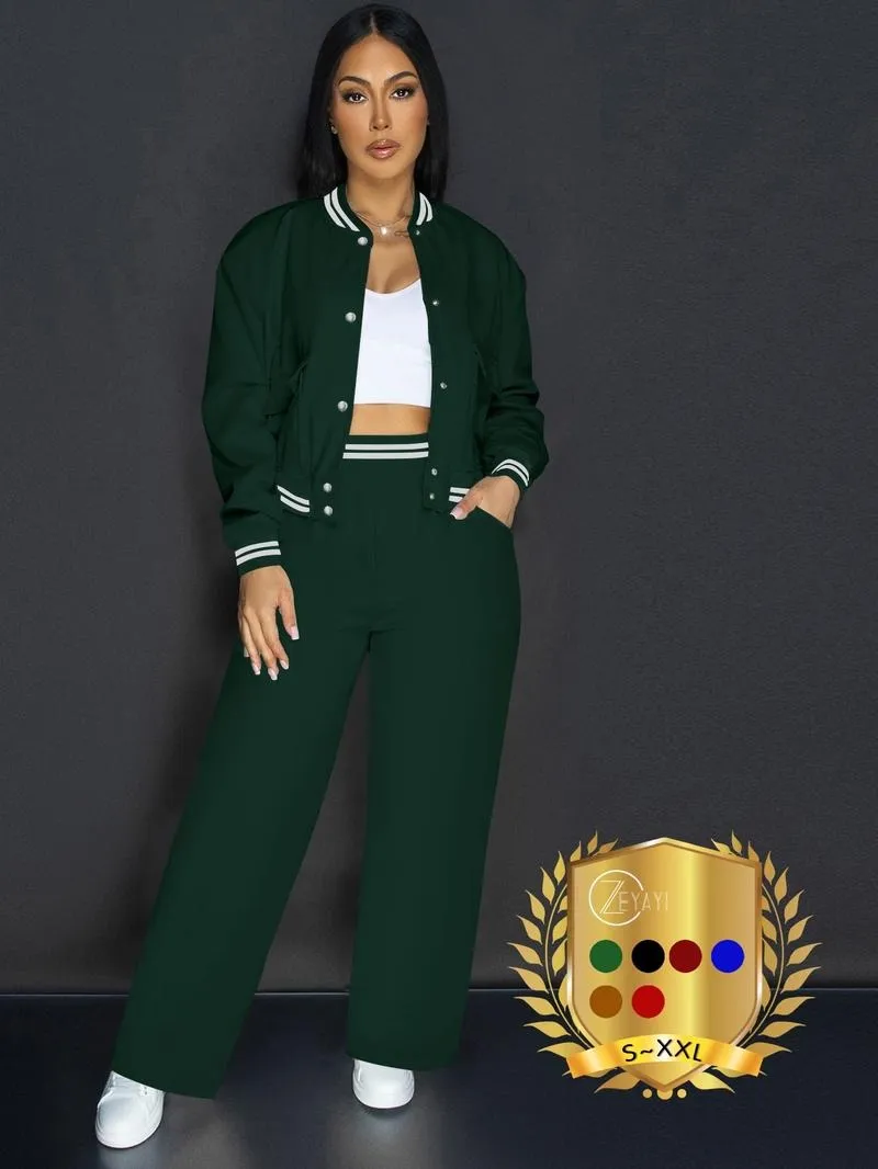 Women's Casual Baseball Jacket, Solid Color Sports Wear, Pocket Sportswear