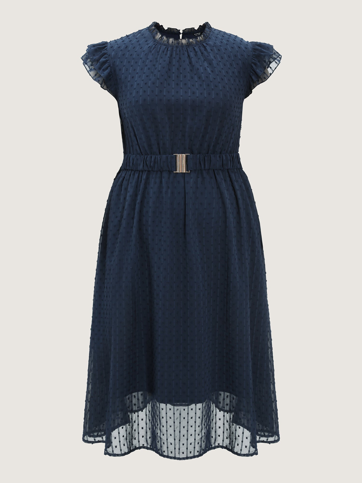 Textured Sheer Ruffled Mock Neckline Midi Dress