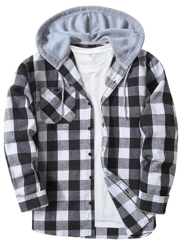 Men's Plaid Print Button Front Drawstring Hooded Shirt, Regular Fit Casual Pocket Long Sleeve Outerwear