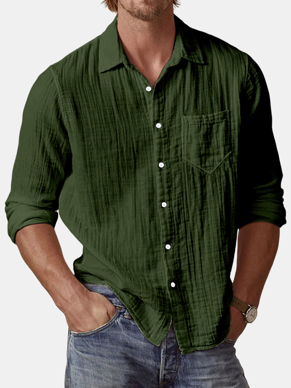 Men's Casual Textured Solid Color Comfortable Puff Wrinkle Long Sleeve Shirt