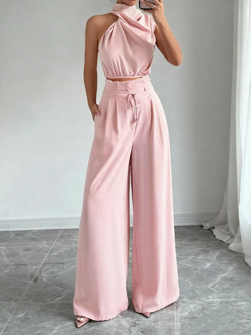 Women's Solid Color Crop Tank Top & Wide Leg Pants Two-piece Set