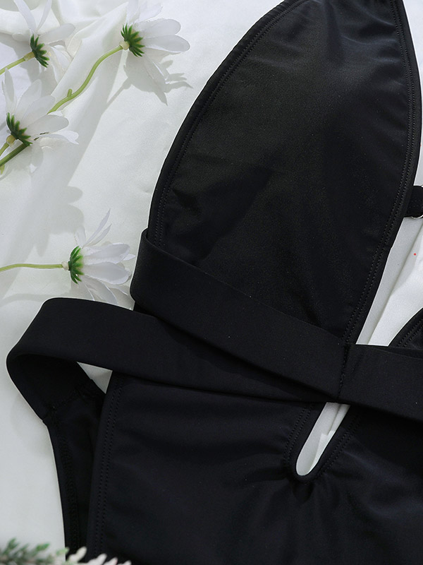 Sexy Plunging Adjustable Backless Solid Color One-Piece Swimsuit