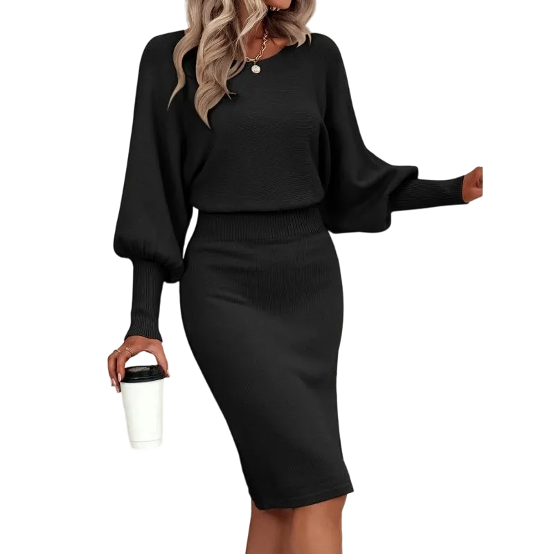 Autumn and winter lantern sleeve waist-cinching sweater dress