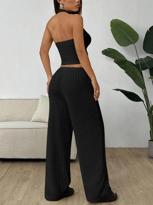 Women's Solid Crop Halter Neck Top & Wide Leg Pants Set
