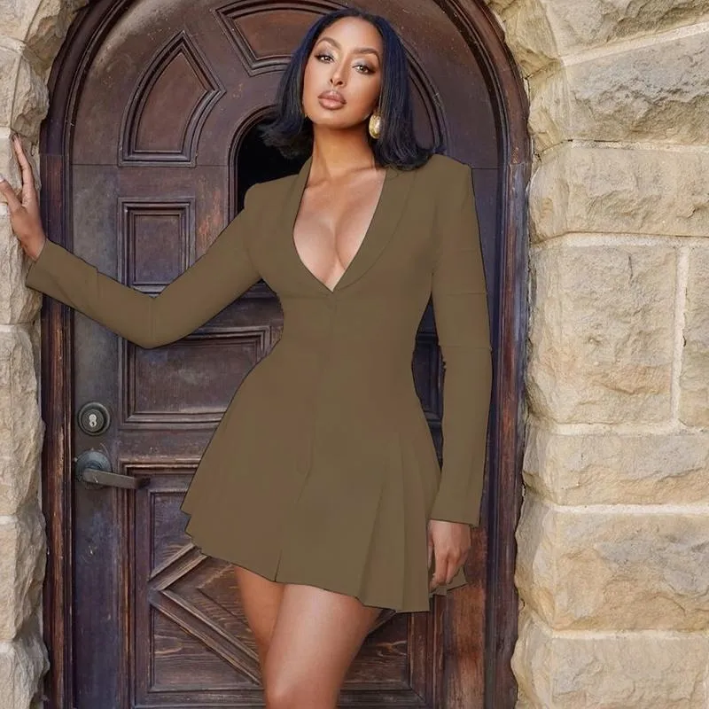 Women's Solid Deep V-Neck Pleated A-Line Dress, Elegant Button Front Long Sleeve Short Dress for Spring & Fall