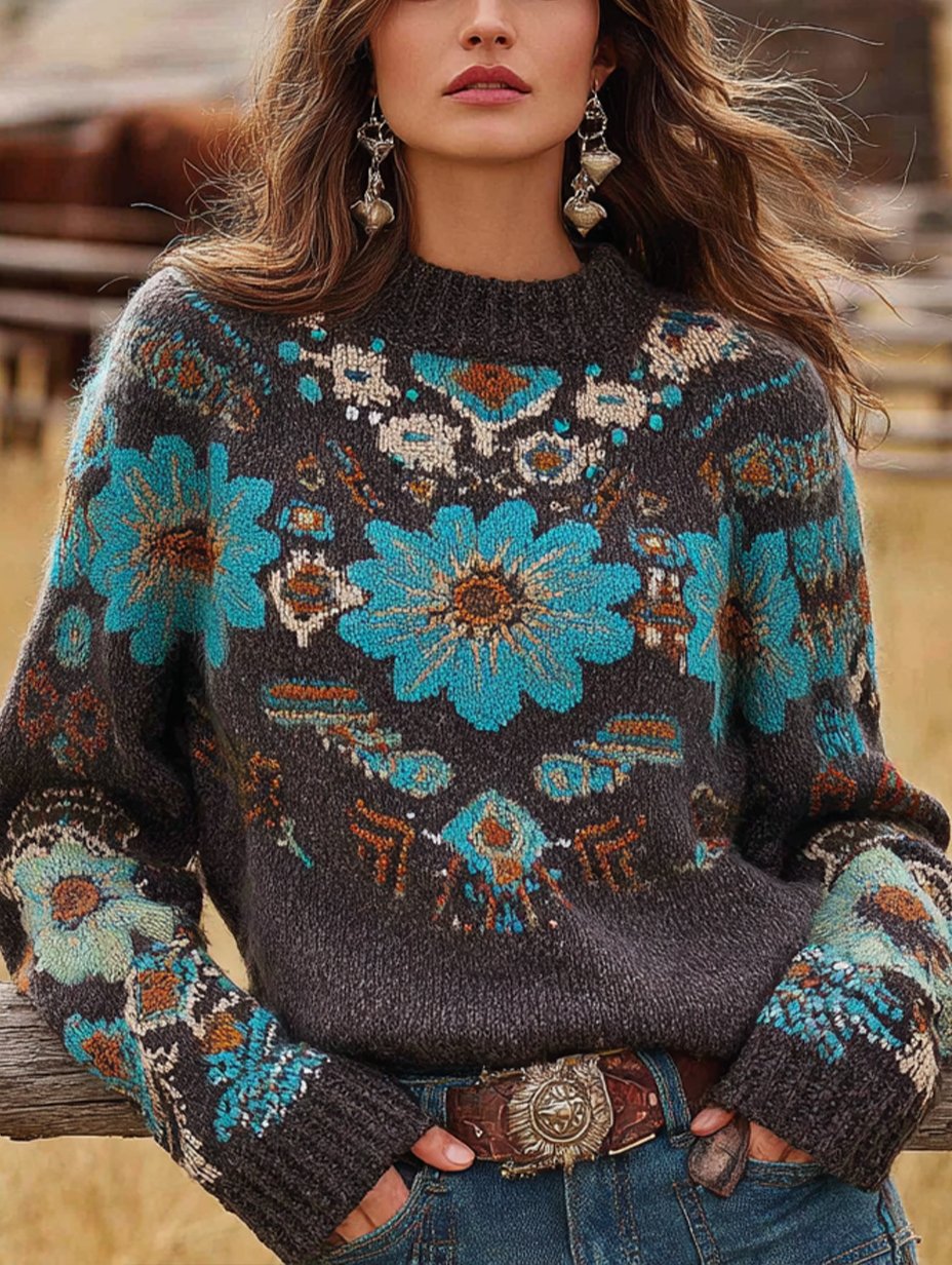 Women's Vintage Western Crew Neck Knit Sweater