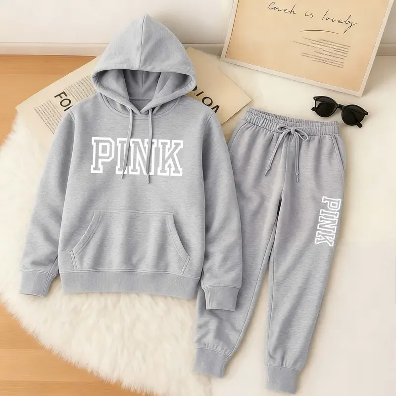 Women's Pink Print Hoodie And Drawstring Track Pants Set, Casual Sportswear