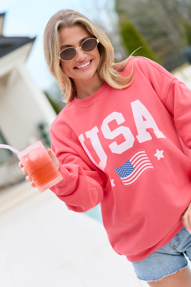 USA Flag Light Red Oversized Graphic Sweatshirt