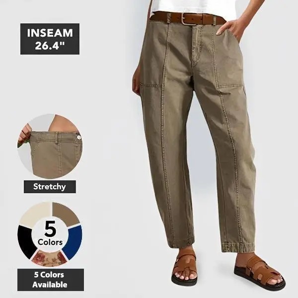 Women's Mid Waist Baby Barrel Fit Pants – Deep Pockets, High Stretch Casual Crop