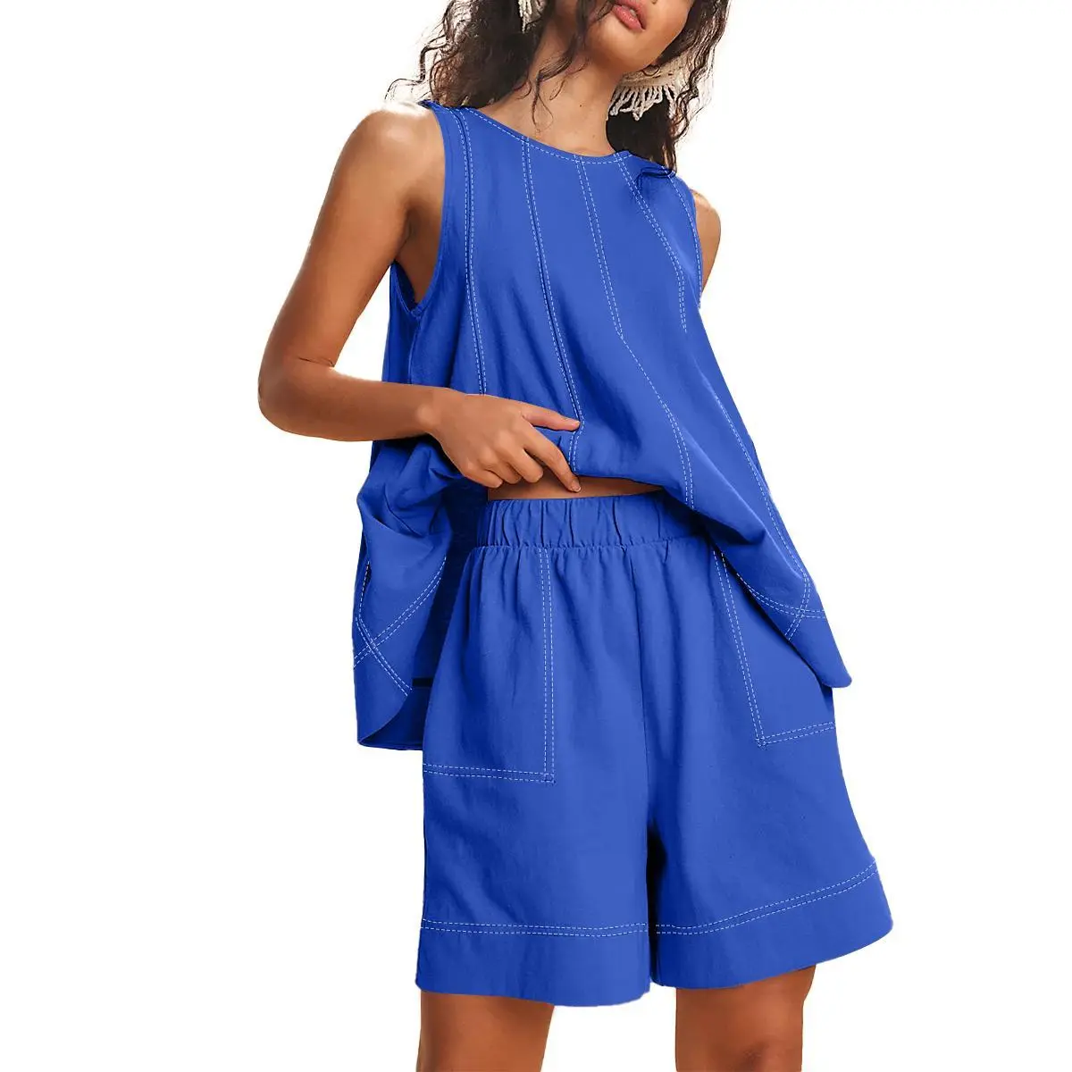 Womens 2 Piece Outfits Sleeveless Matching Sets A Line Tank Tops Contrast Stitching High Waist Shorts with Pockets
