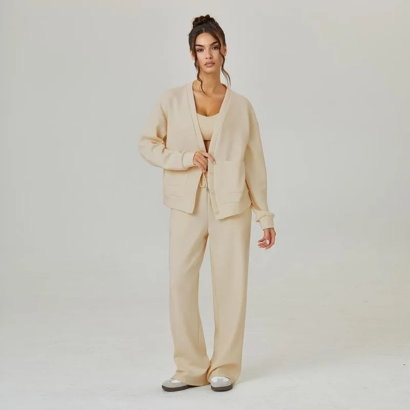 Women's Slouchy Solid Color V Neck Long Sleeve Button Cardigan & Drawstring Waist Trousers Co-ord