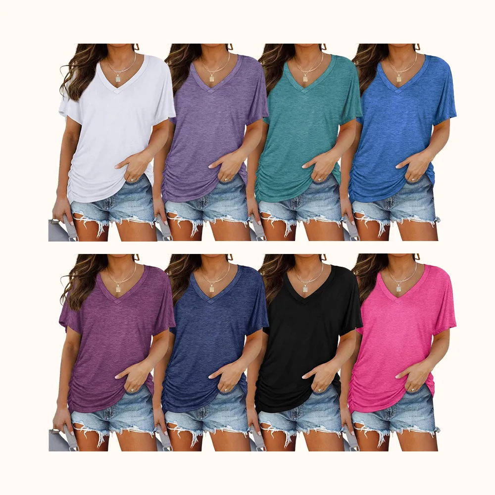 Womens Short Sleeve V Neck Dolman Tops with Side Shirring Loose Fit Shirts