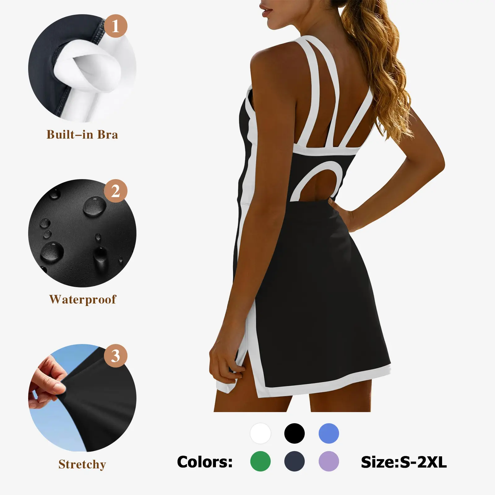 women's sleeveless halter tennis dress with white piping, open back design, and stylish cutout details at the back, perfect for sports or casual wear
