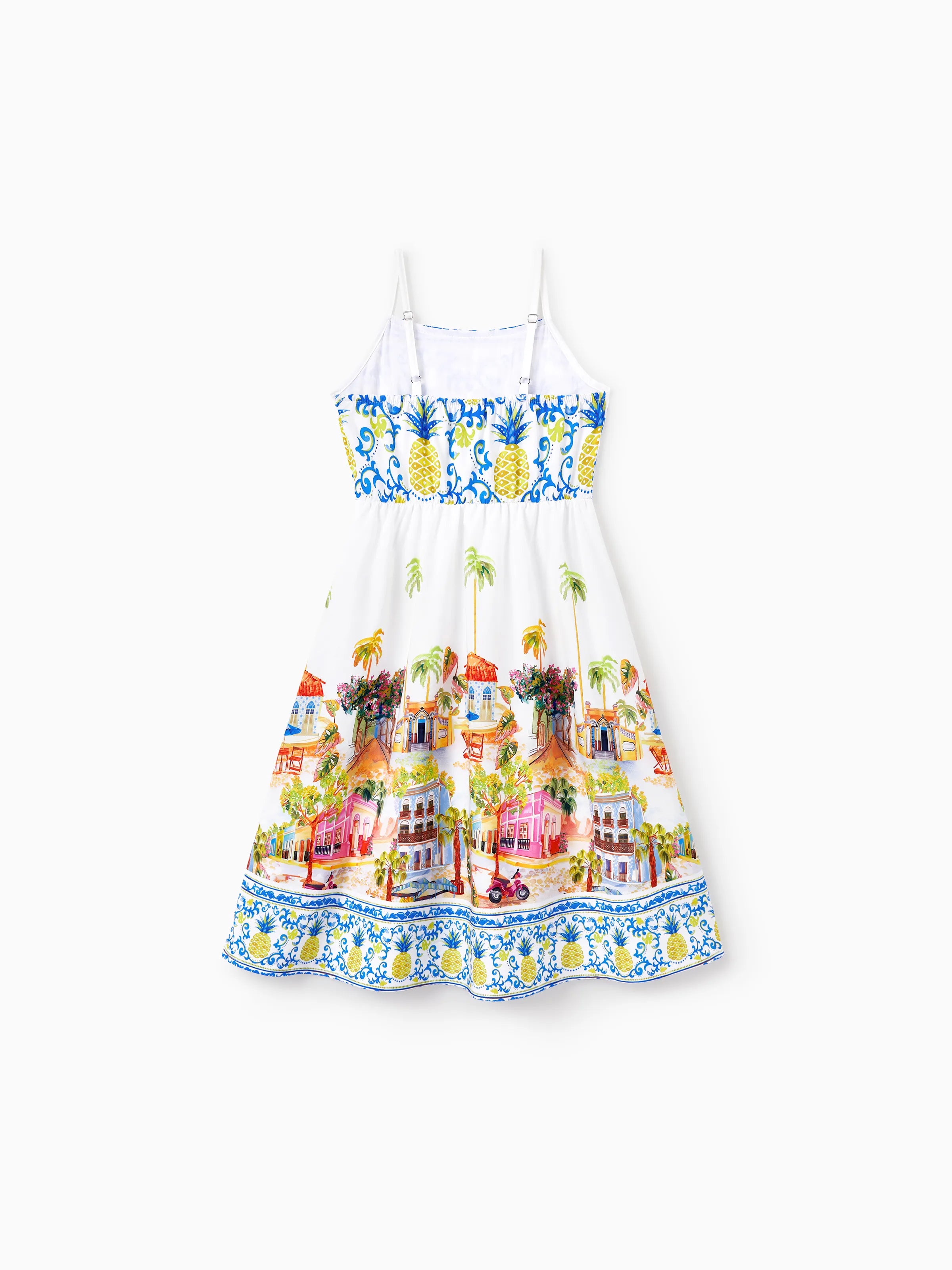 Family Matching Vacation Set Tropical Pineapple Coconut Tree Print Short-sleeve T-shirt or Hollow out Strap Dress for Summer Vacation  White