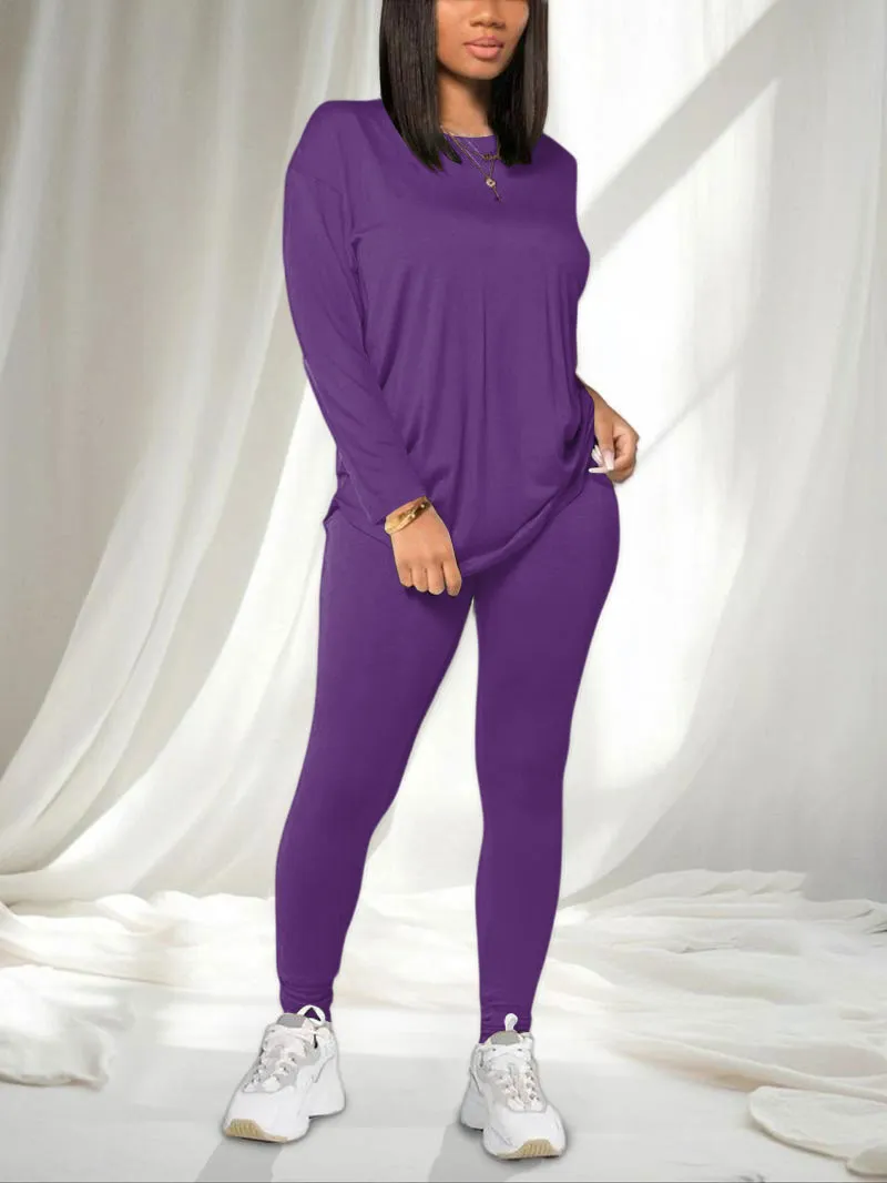 Women's Solid Drop Shoulder Tee & Elastic Waist Skinny Pants Two-piece Set