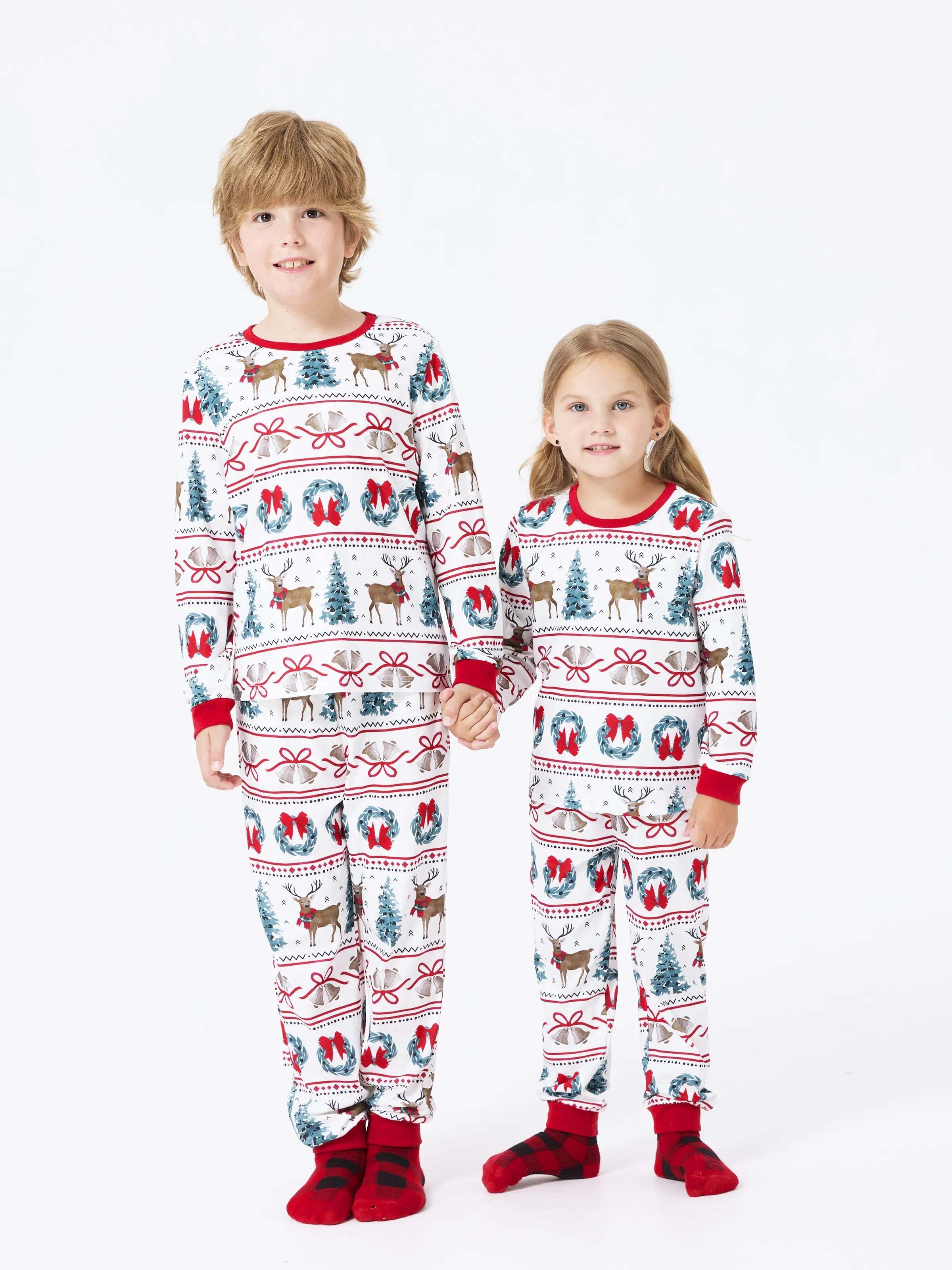 Christmas Matching Family Pajamas Set Christmas Elk and Bell Print Striped PJS with Christmas Socks White