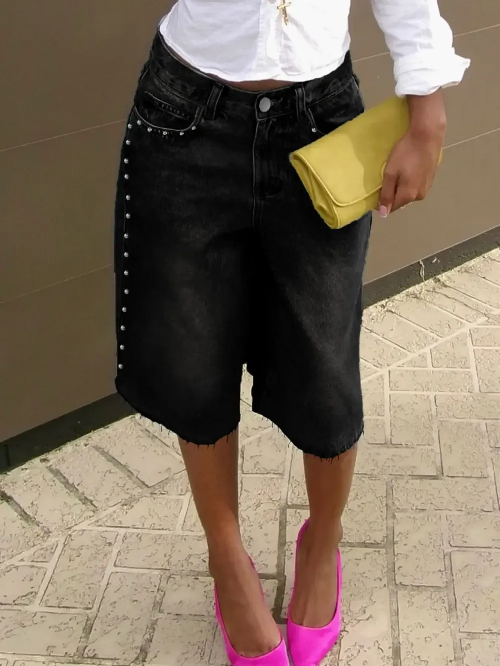 Washed Studded Wide-Leg Denim Jorts, Raw Hem High-Waisted Bermuda Shorts