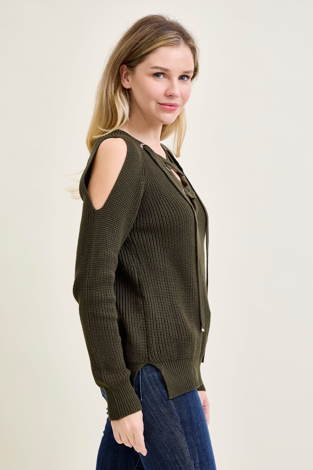 V-Neck Lace-Up Cold Shoulder Green Sweater