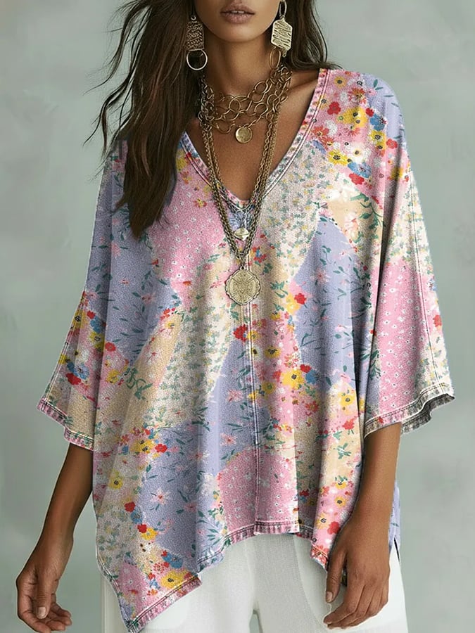 Women's Elegant Floral Decorative Pattern Linen And Cotton Shirt