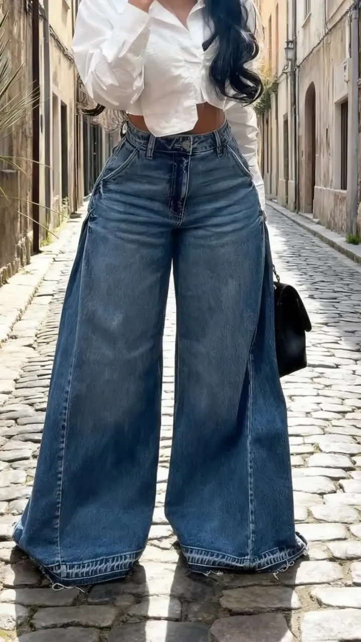 Women Flared Wide Side Loose Jeans High Waist