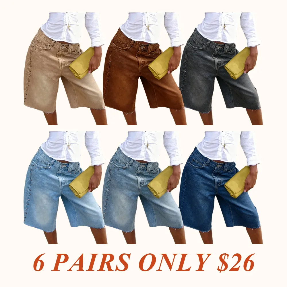 Washed Studded Wide-Leg Denim Jorts, Raw Hem High-Waisted Bermuda Shorts