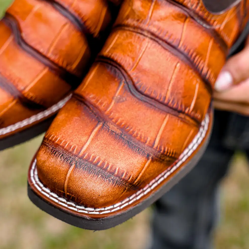 Cognac American Gator Belly Leather Boots With Lightweight Soles - Square Toe