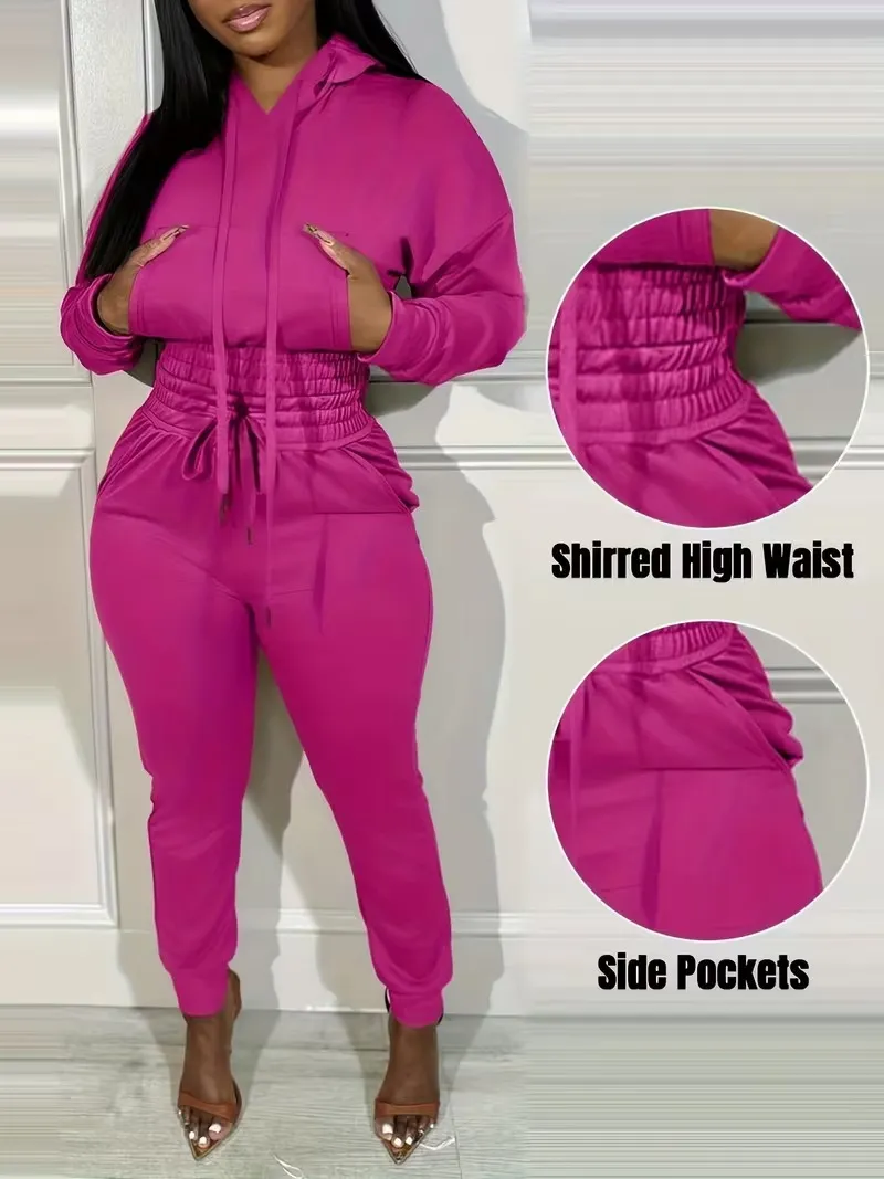 Womens 2 Piece Outfits Lounge Hoodie Shirred Waist Pocket Design Sweatshirt