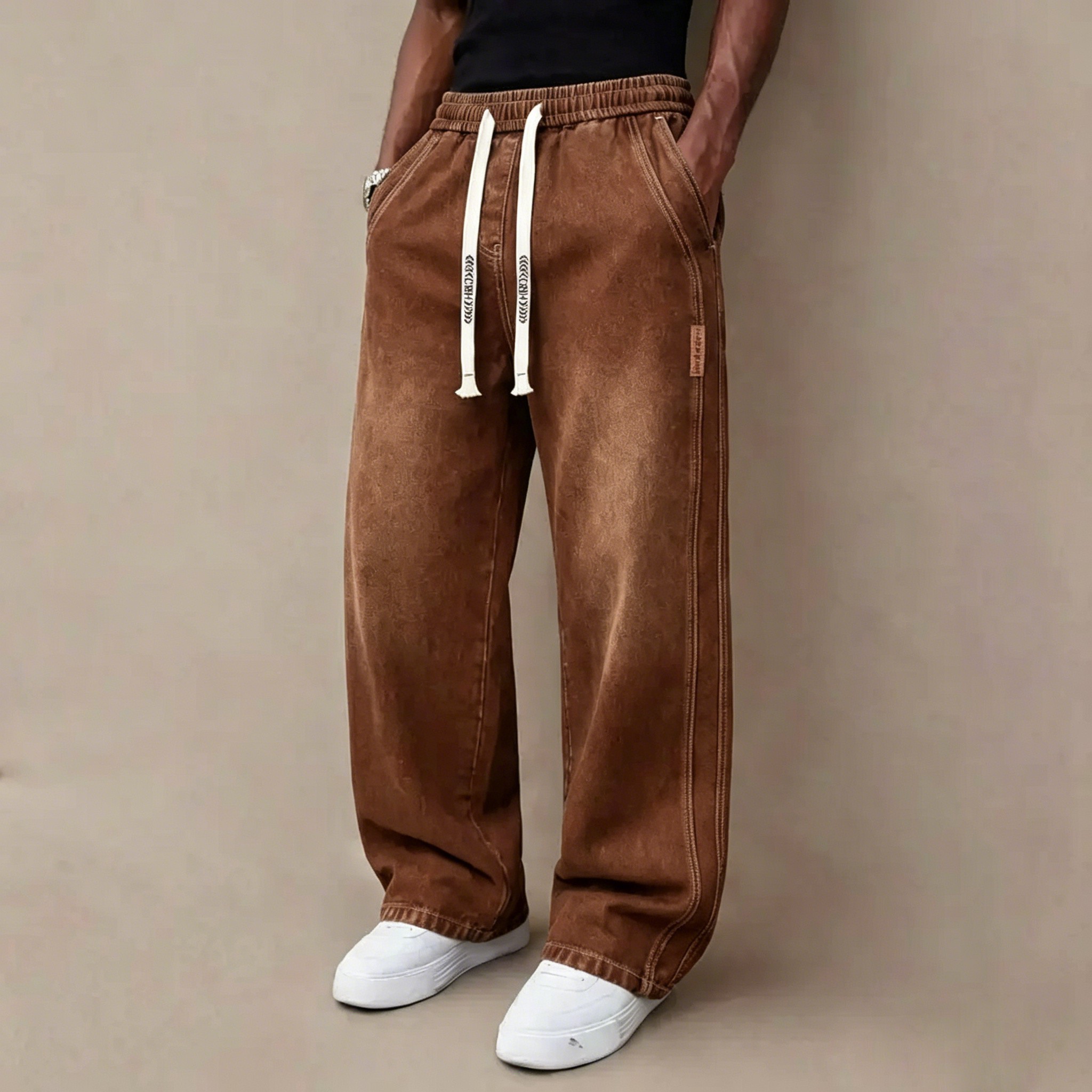 Men's Stretch Denim Jeans – Vintage Washed Straight Leg with Drawstring Waist