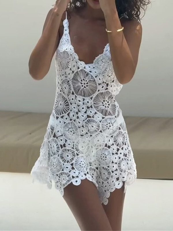 Flower Hollow Sleeveless Paghetti-Neck Backless Vacation Beach Cover-Ups Mini Dresses